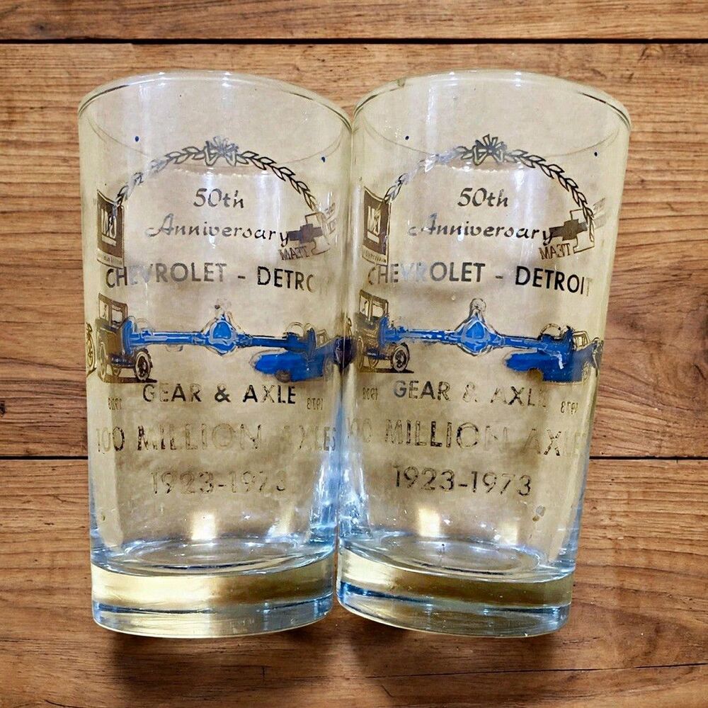 Chevrolet Detroit Gear & Axle 50th Anniversary Glass Tumblers Pair 1973
